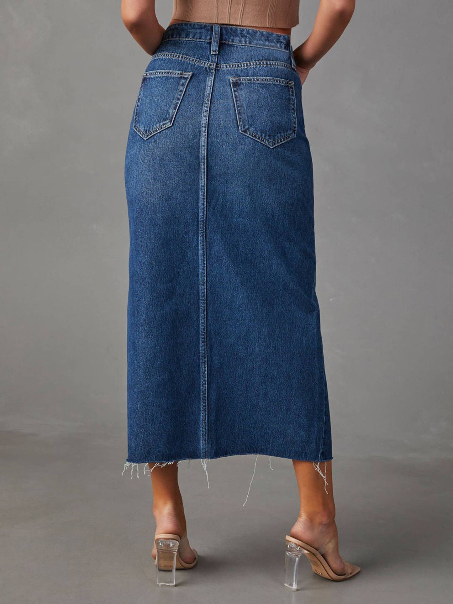 A-Line Split and Slim Denim Half Length Skirt: Blue