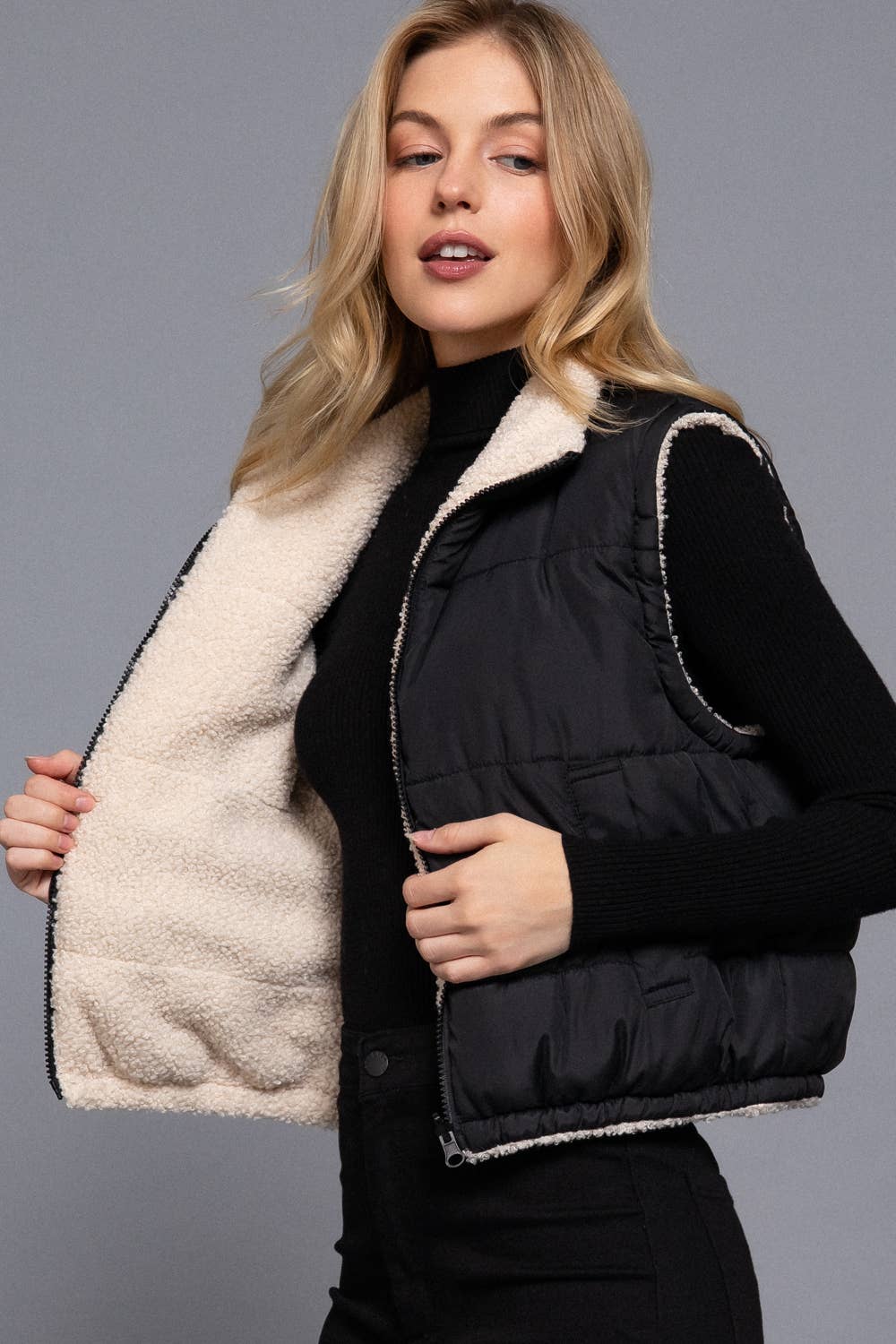 Black Reversible Fur Padding Vest