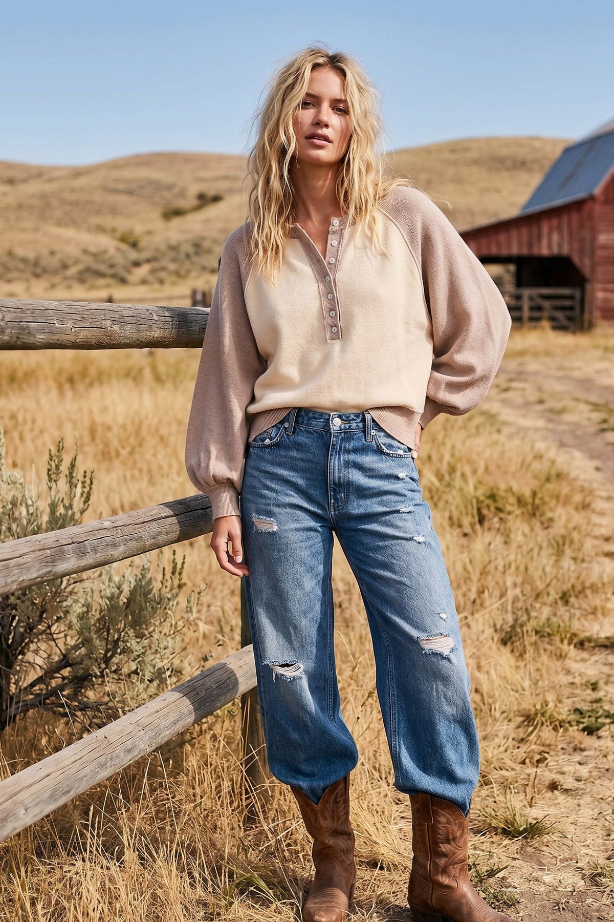 Taupe/Cream Color Block Henley Sweater