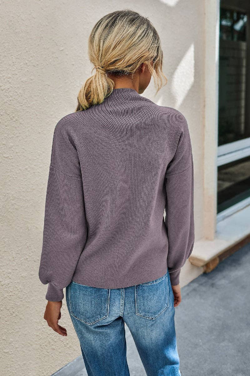 Grey Purple Mockneck Solid Long Sleeve Sweater