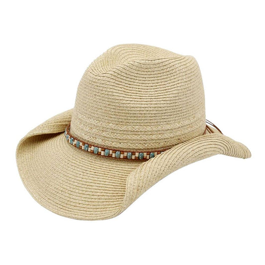 Ivory Beaded Band Summer Straw Cowboy Hat