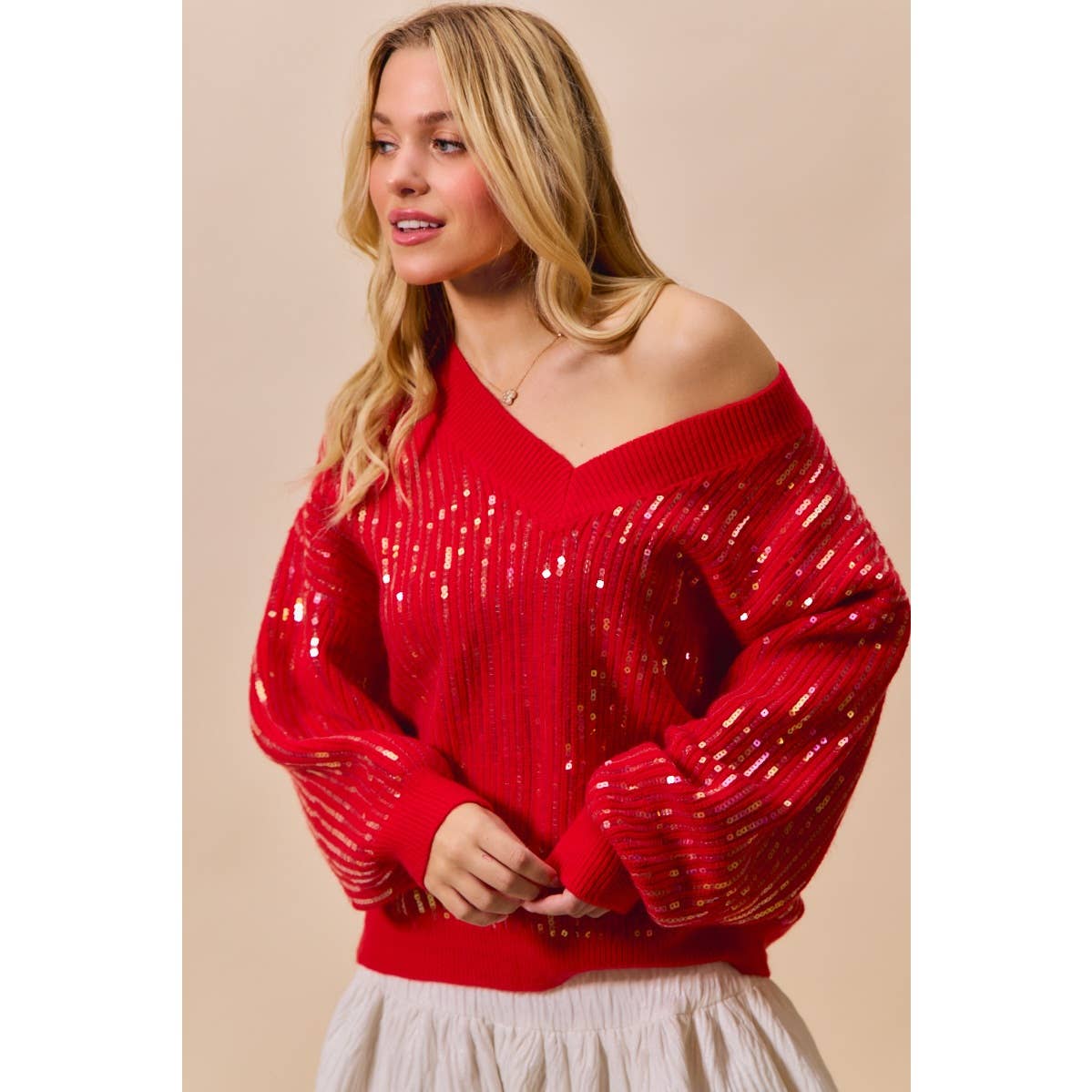 Red Sequins V Neck Sweater