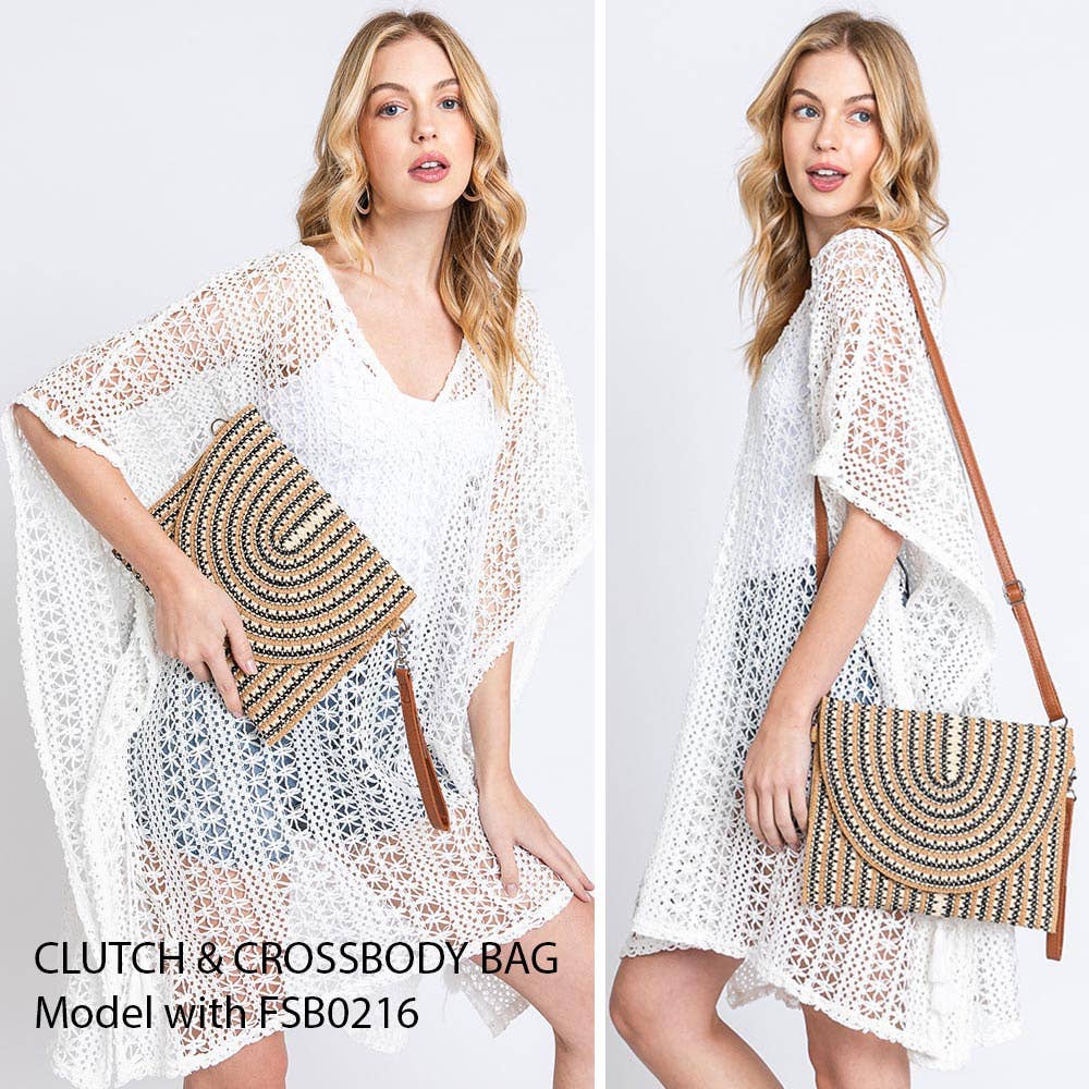 Beige Mixed Striped Straw Clutch / Crossbody Bag