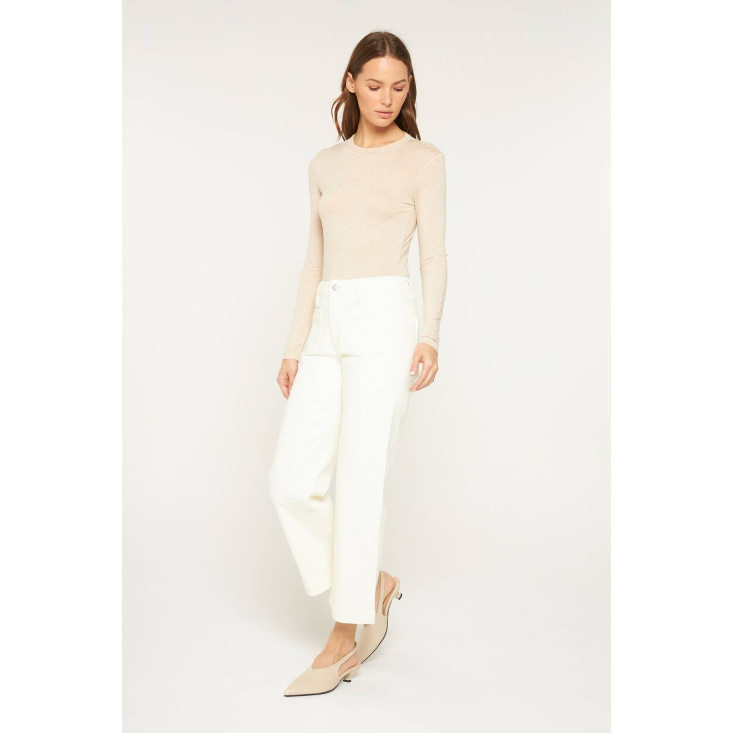 Mica Denim White Chocolate High Rise Cropped Wide Leg Patch Pocket Jean