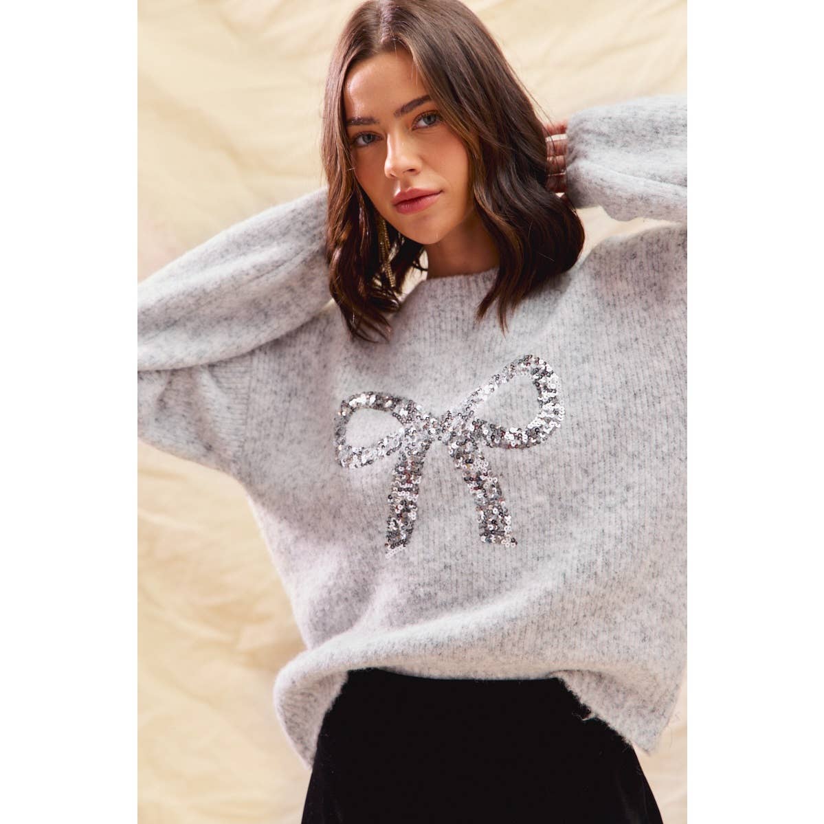 Grey/Silver Ribbon Sequins Holiday Sweater