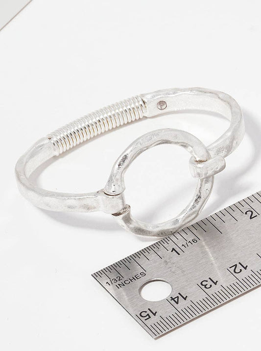Hammered Silver Metal Round Hook Clasp Hinged Bracelet