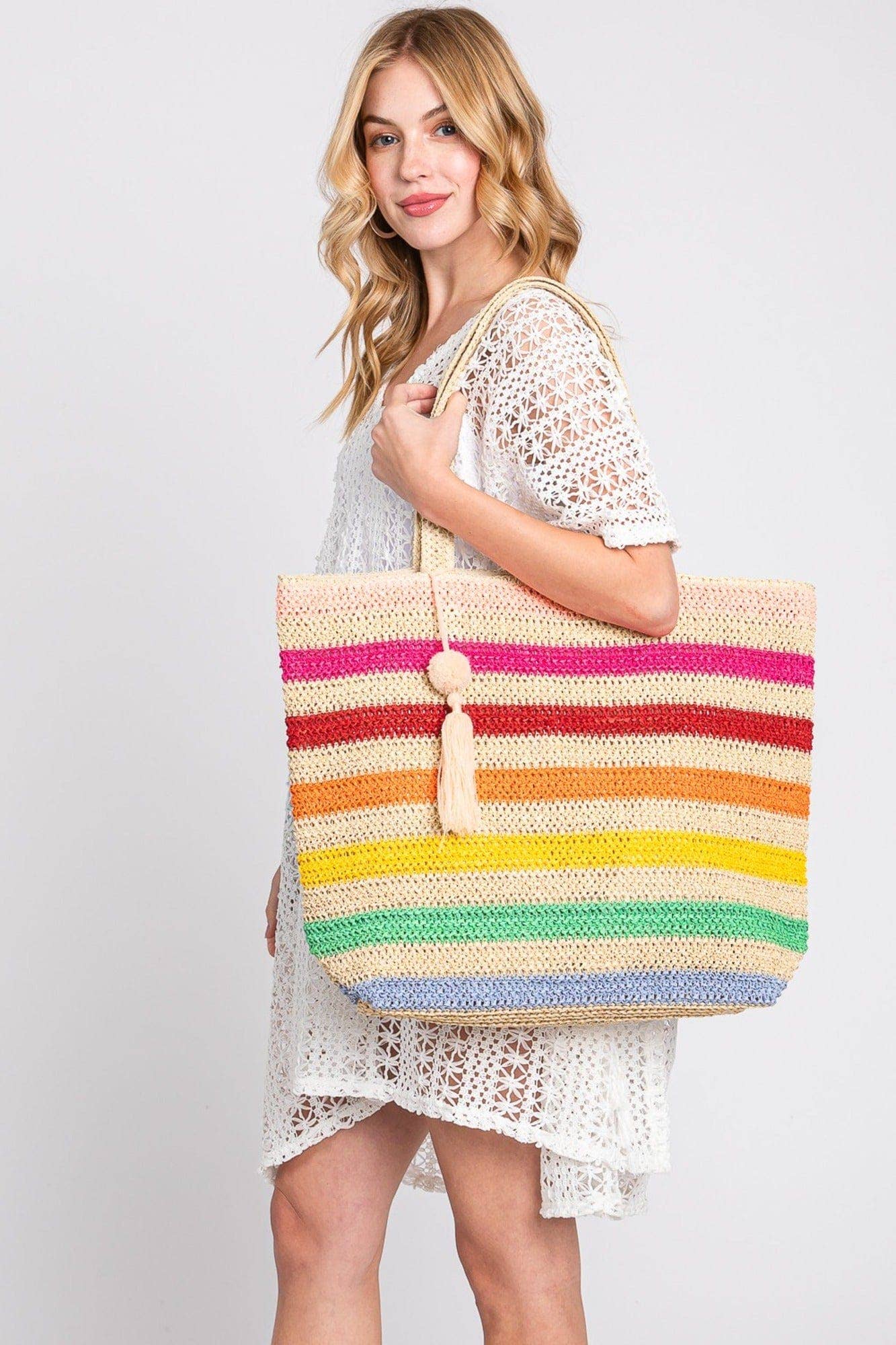 Amara Rainbow Crochet Tote Bag With Tassel