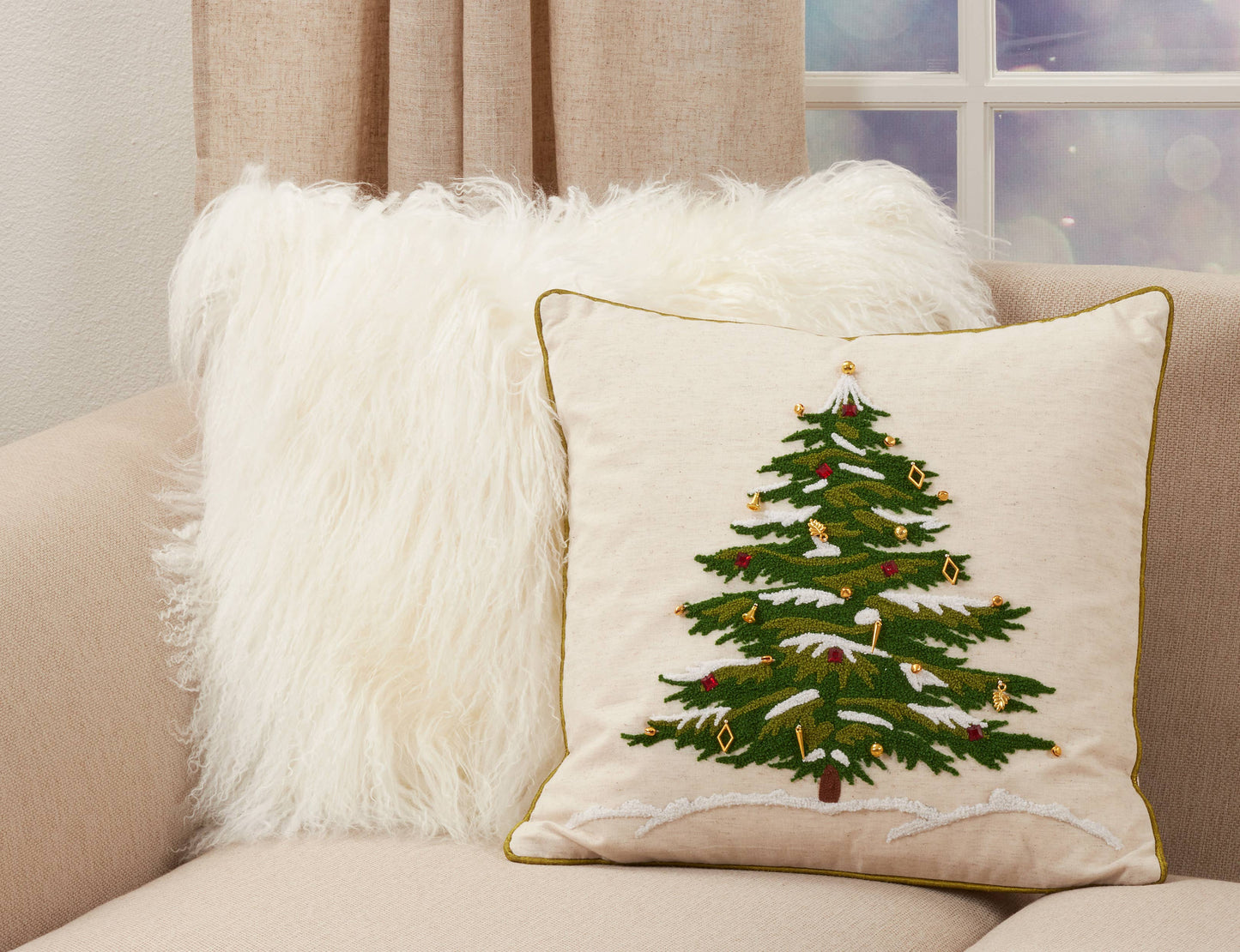 Throw Pillow With Embroidered Christmas Tree Design: 18" Inch
