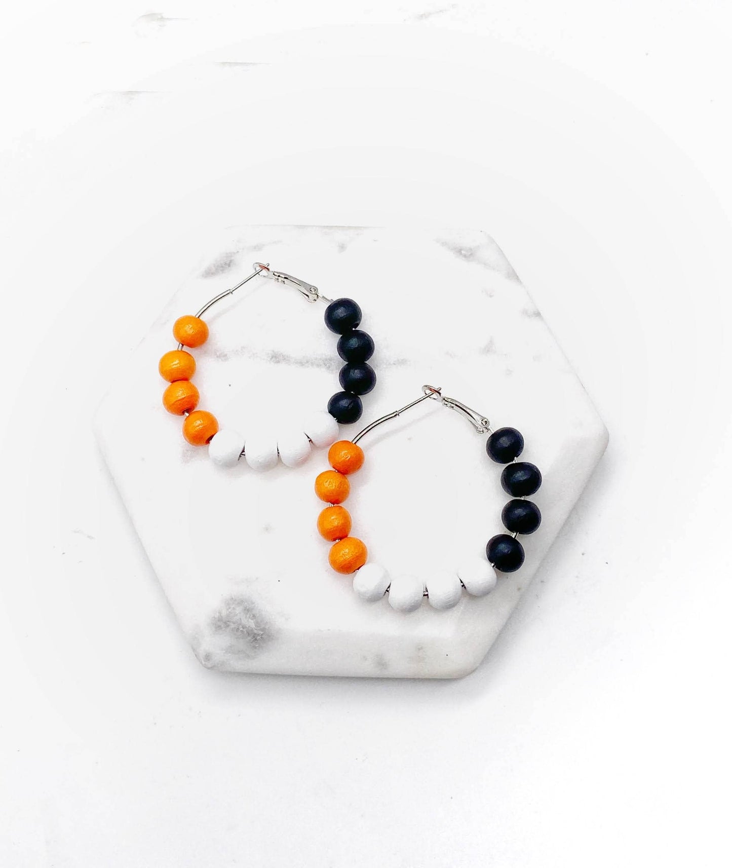 Orange, Black & White Bead Hoop Earrings