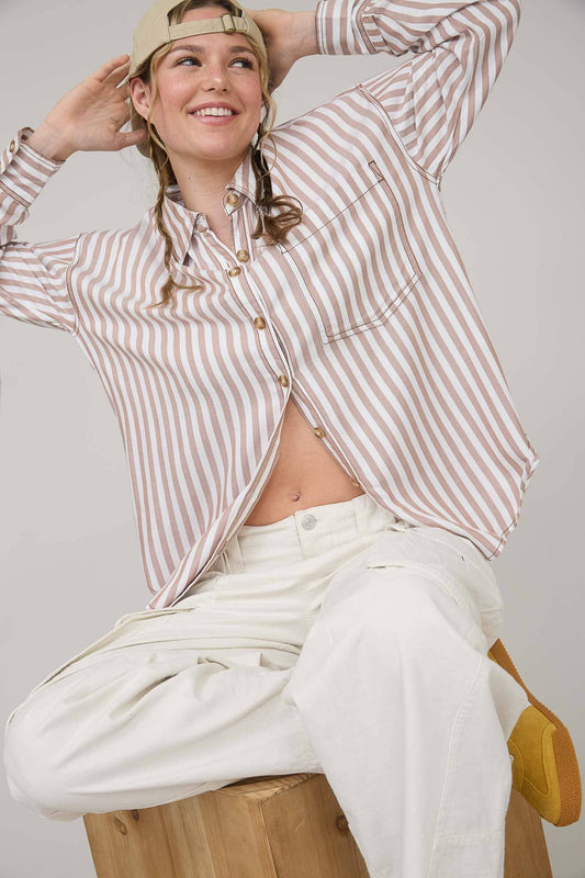 Brown Stripe Collared Button Down Shirt