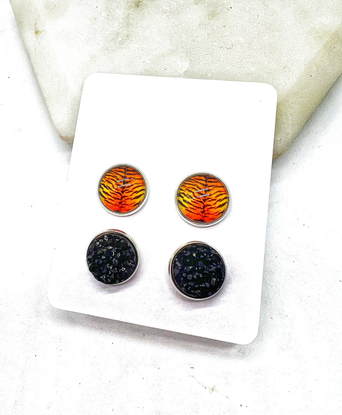 Orange Bengal Tiger Print Druzy Stud Set