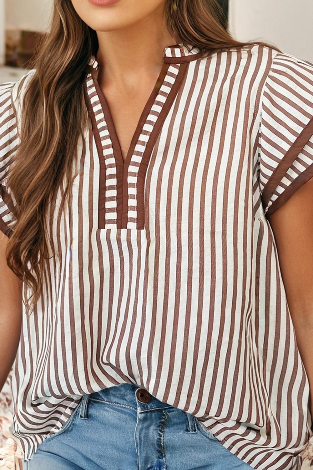 Khaki Stripe Double Ruffled Short Sleeve V Neck Top