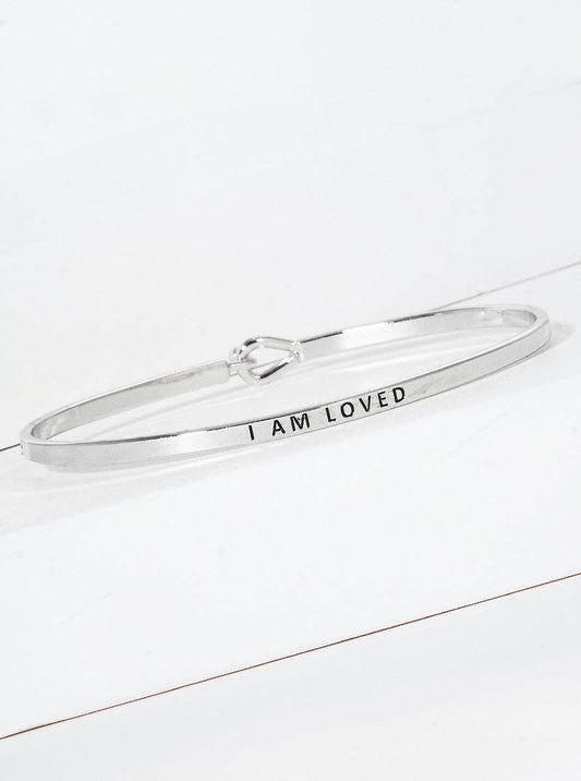 Silver "I Am Loved" Engraved Inspirational Bangle Bracelet