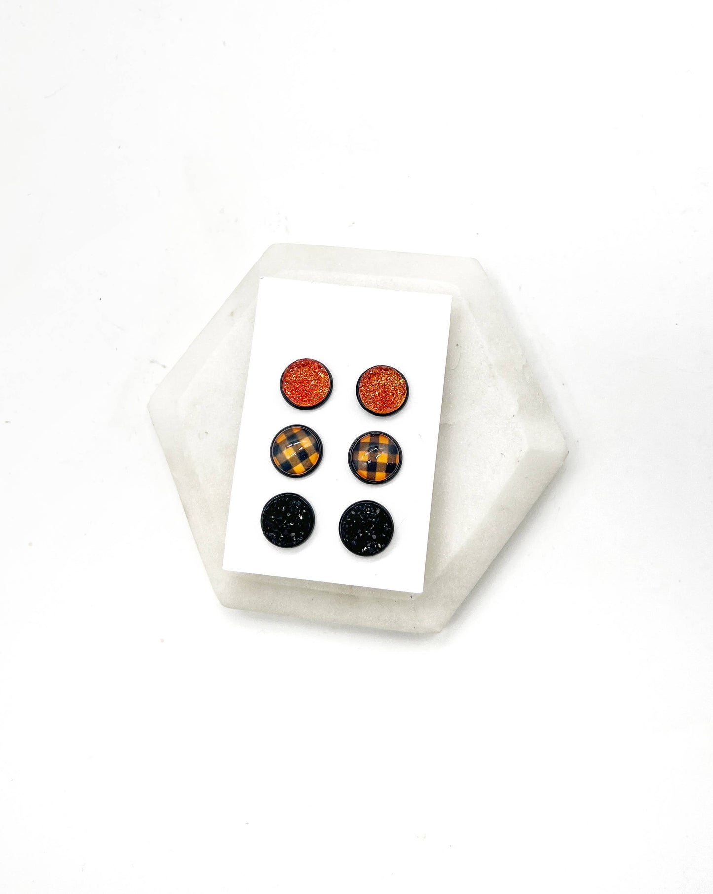 Fall Orange Buffalo Plaid Druzy Stud Trio