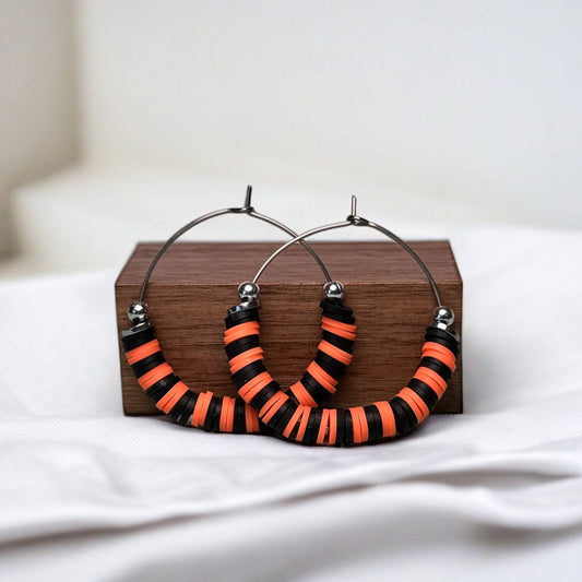 Orange and Black Heishi Bead Hoop Earrings
