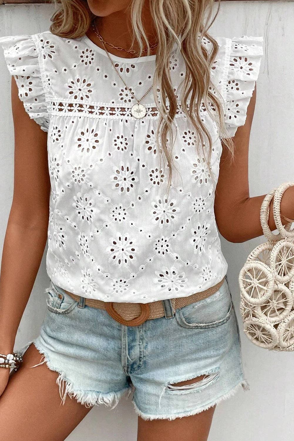 SALE White Eyelet Embroidered Ruffled Flutter Sleeve Blouse