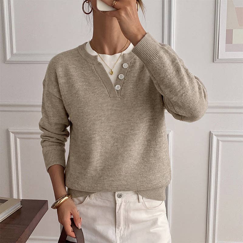 Colorblock Knit Sweater Relaxed Fit Long Sleeve Pullover: Khaki / 35% Polyamide+65% Acrylic / S