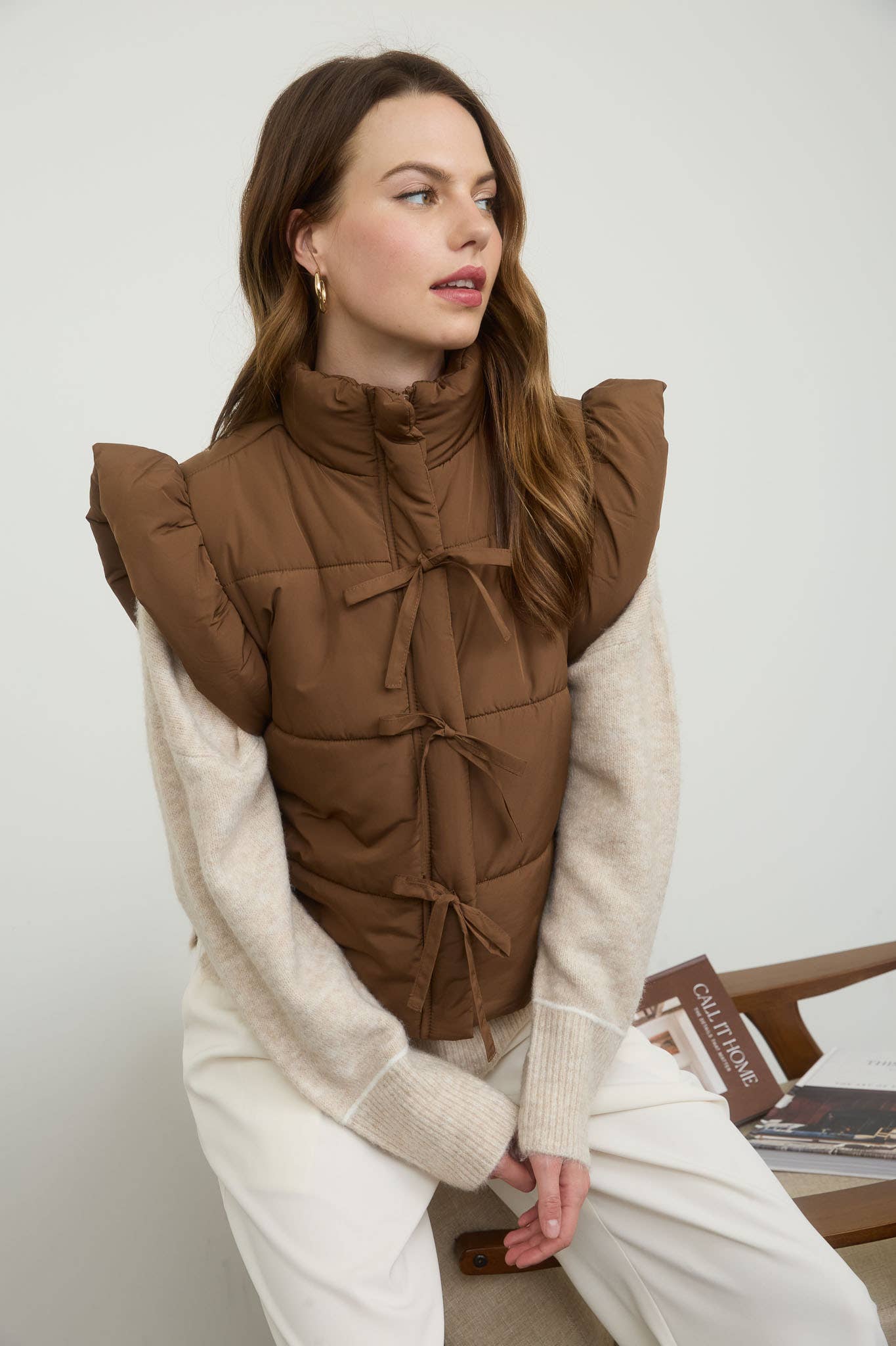 Brown Flutter Sleeve Bow Detail Puffer Vest F