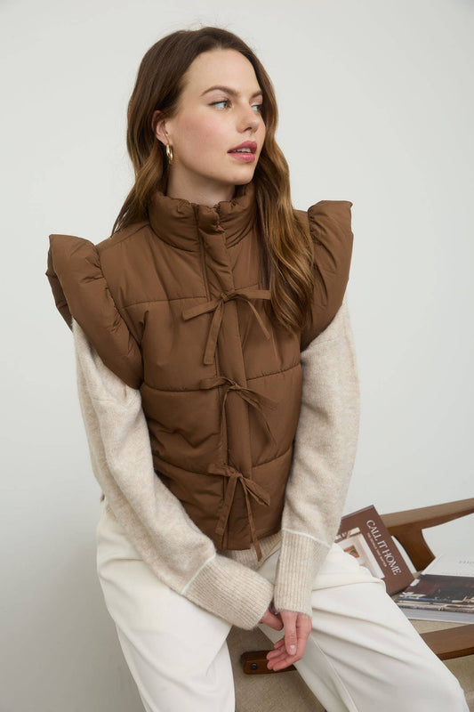 Brown Flutter Sleeve Bow Detail Puffer Vest F