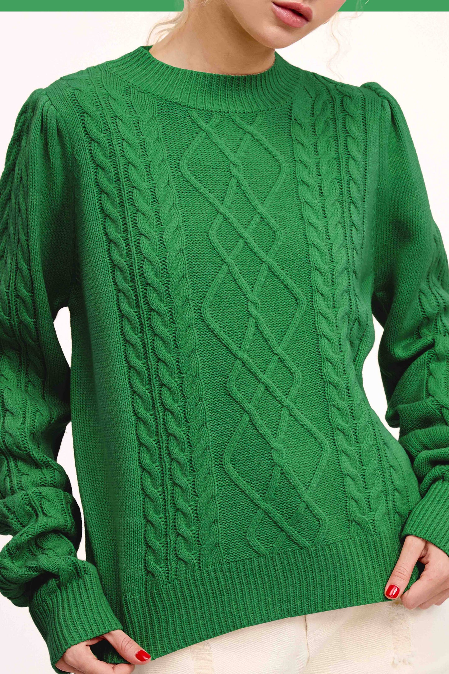 Pine Tree Green Soft Ribbed Crew Neck Cable Knit Sweater
