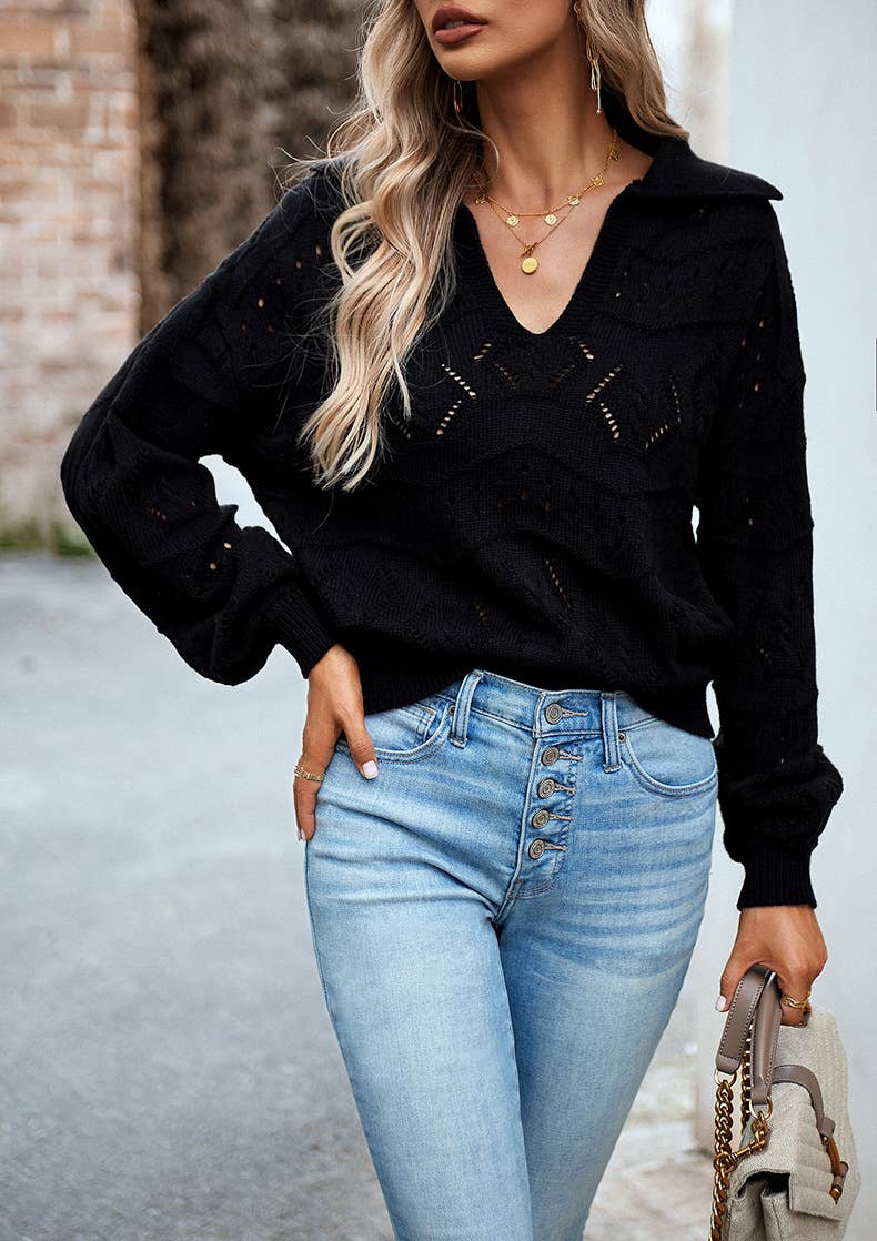 Black Multicolor V-neck Knitted Sweater Top