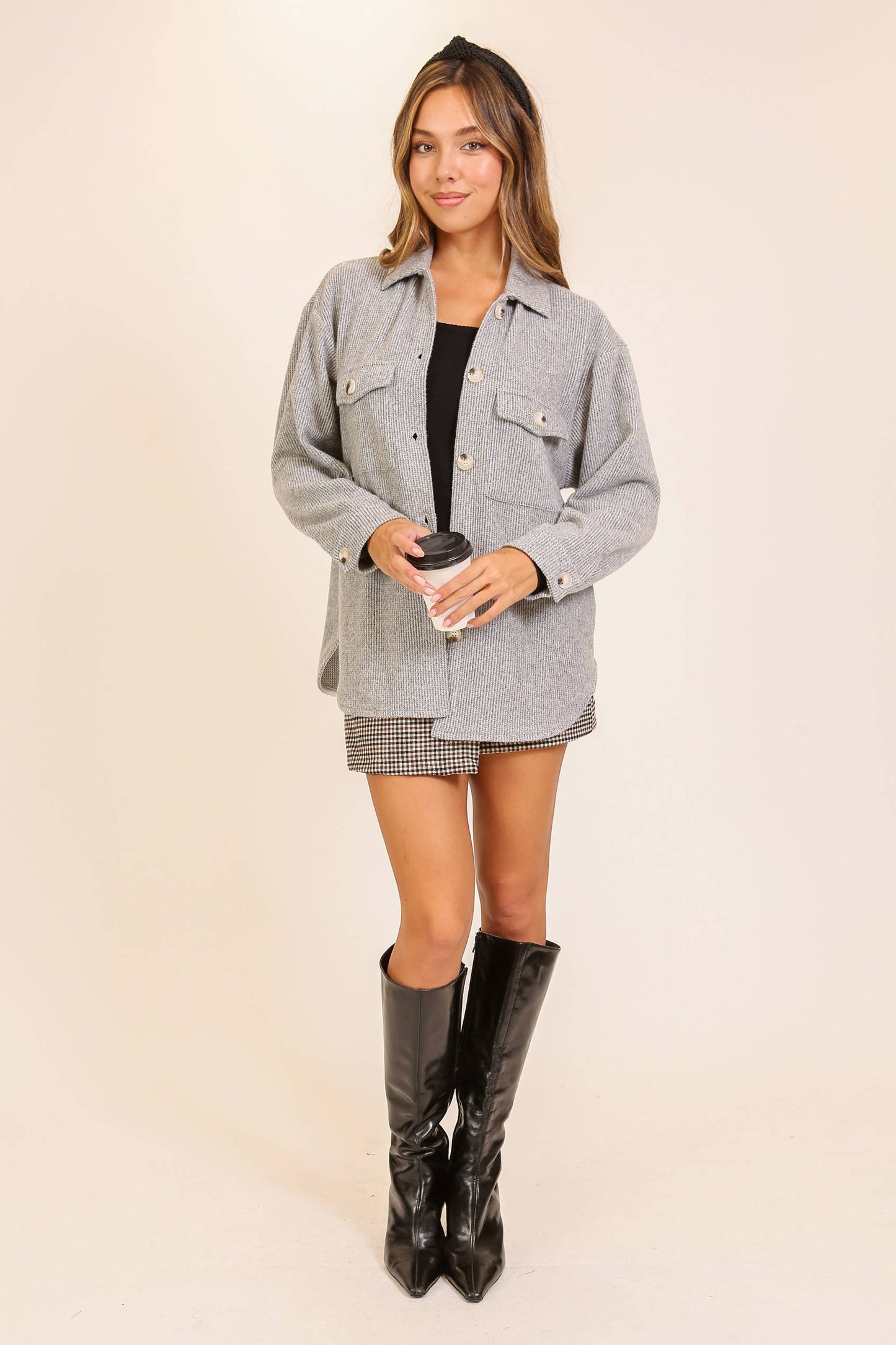 Brushed Waffle Button-Up Shacket: Brown / S