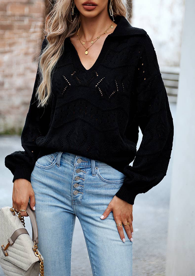 Black Multicolor V-neck Knitted Sweater Top