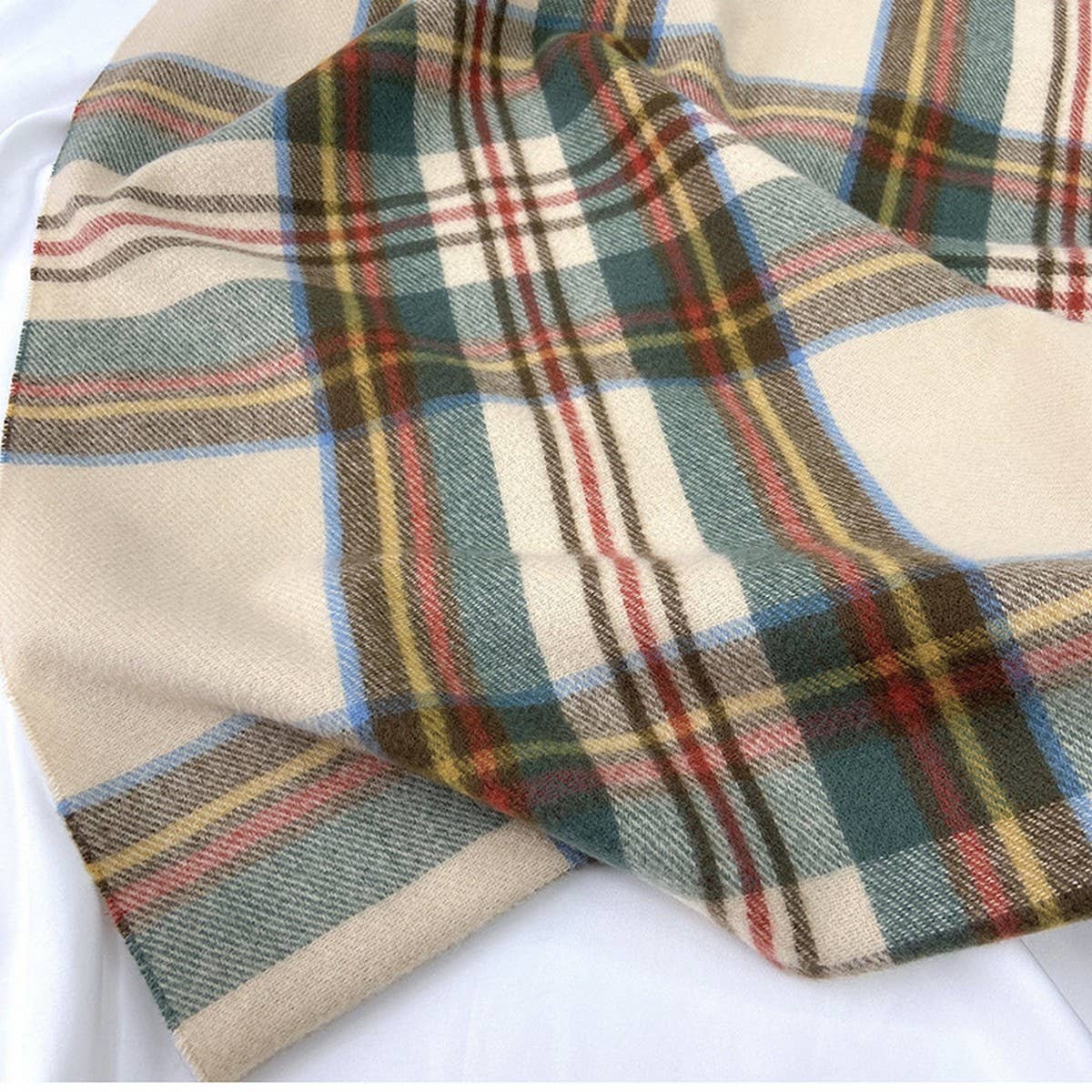 Beige Plaid Winter Scarf-Vintage Tassel Shawl