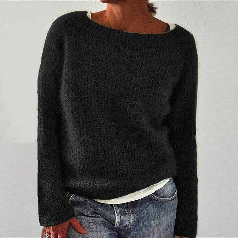 Women's Crew Neck Long Sleeve Solid Knit Pullover Sweater: Gray / S