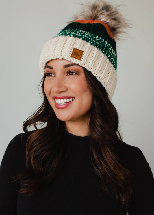 White, Green & Orange Patterned Pom Hat