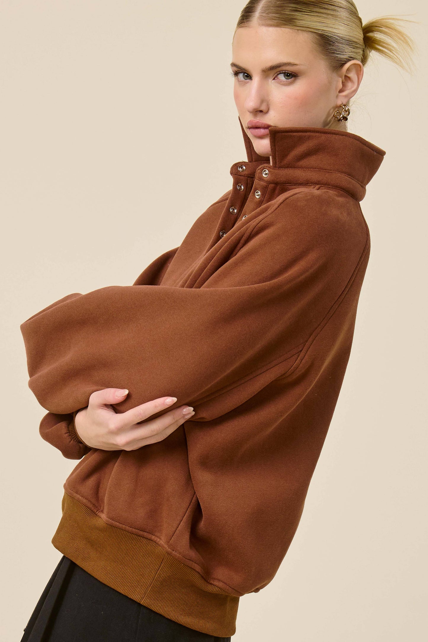 Fire Red Oversized Snap-Button Collared Mock Neck Sweatshirt
