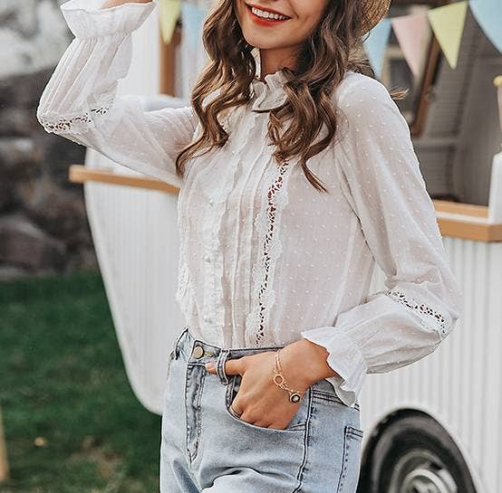 White Bell Sleeves Cotton-Paneled Shirt