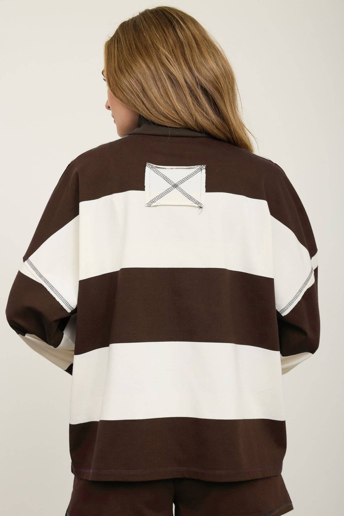 Brown Wide Stripe Half Zip Long Sleeve Top.