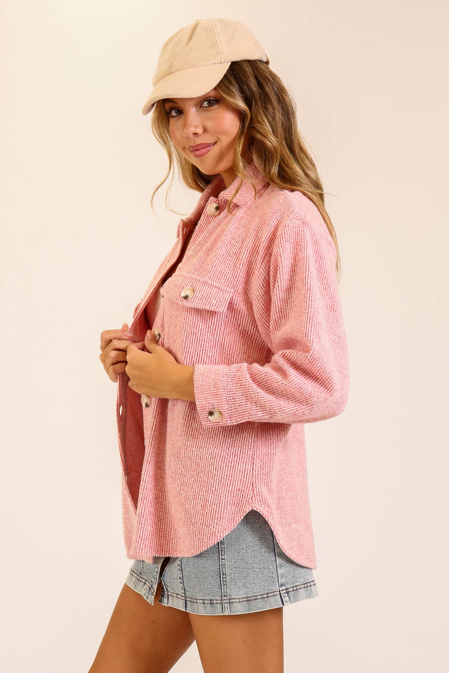 Brushed Waffle Button-Up Shacket: Brown / S