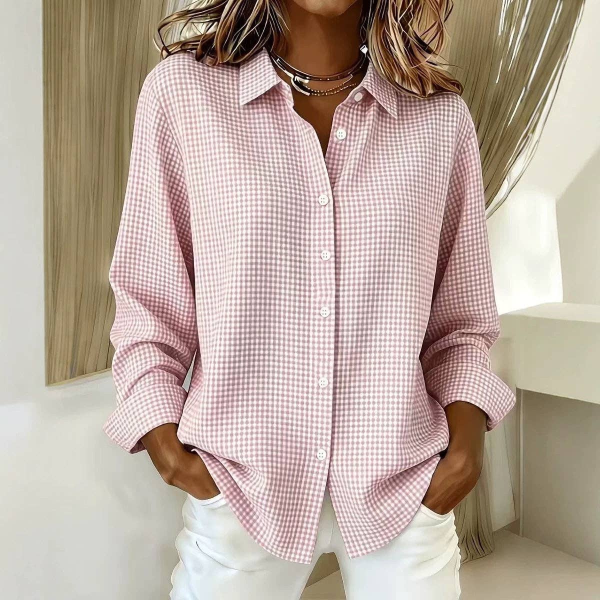 Women's Gingham Long Sleeve Button Down Shirt: Red / 100%Polyester / S