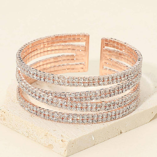 Rhinestone Pave Crisscross Cuff Evening Bracelet: Rose Gold Clear