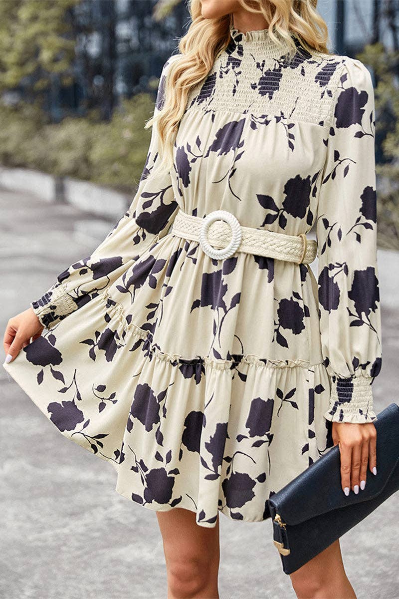 Floral Print Mock Neck Long Sleeve Dress