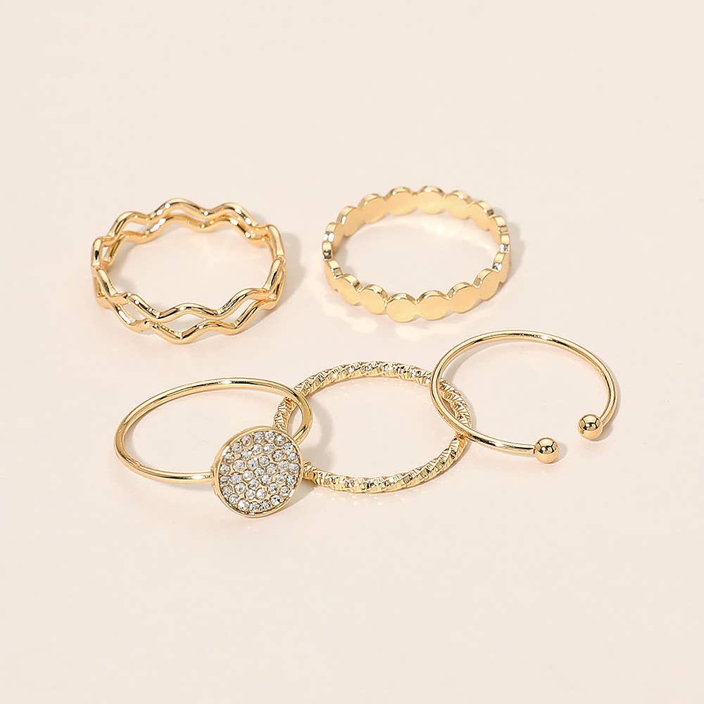 5PCS - Rhinestone Pave Round Accent Stackable Ring Set: Rhodium