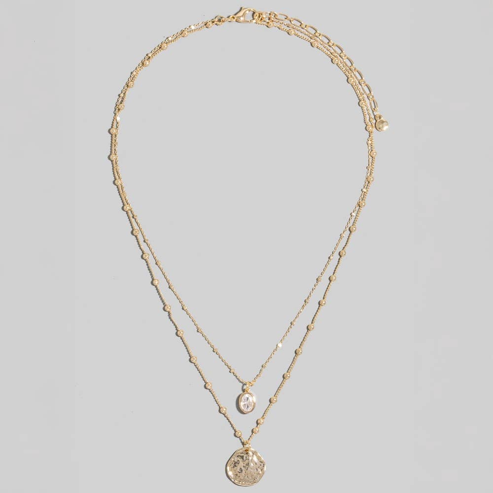 Gold Coin And Oval Cz Charm Layered Chain Necklace