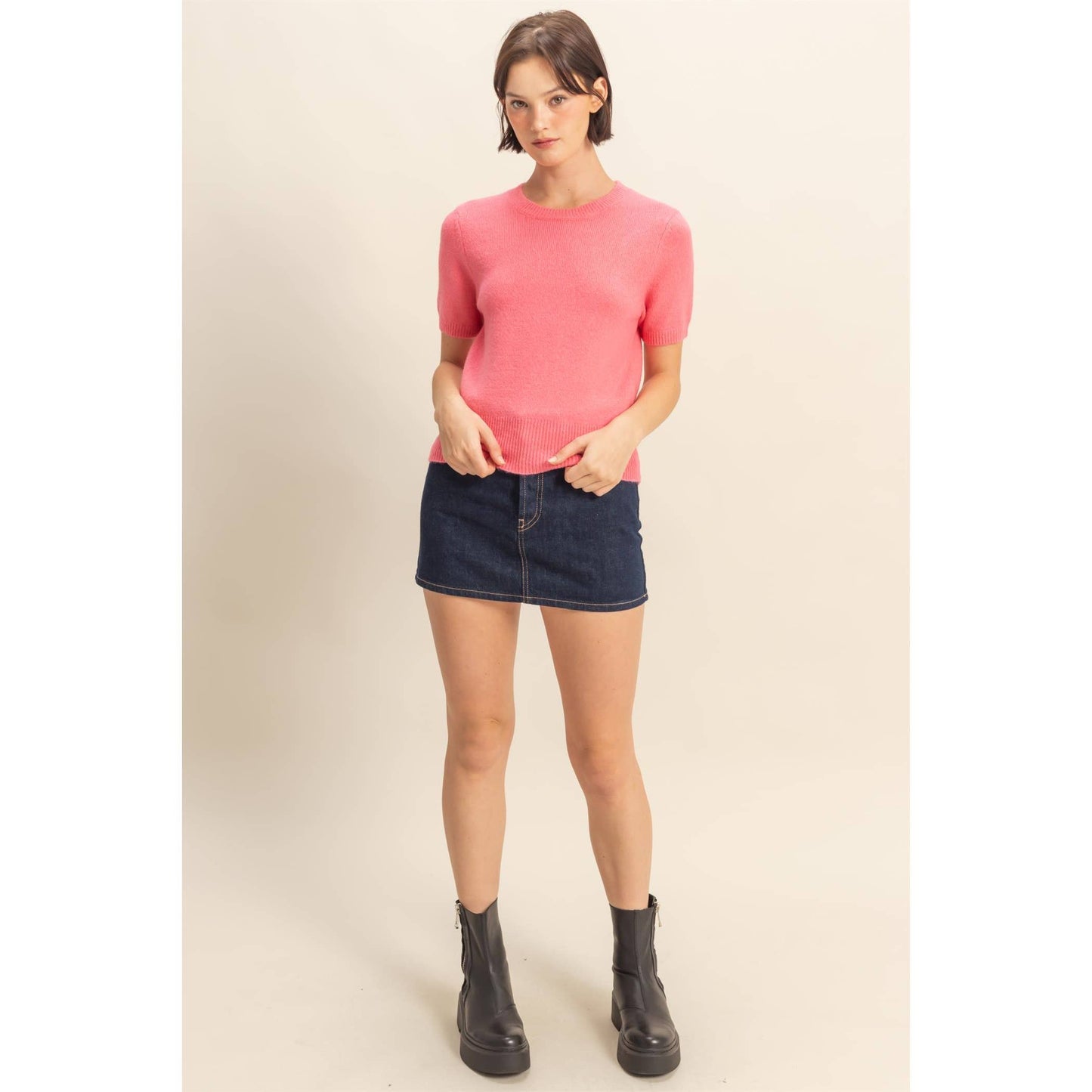 Taffy Pink Short Sleeve Sweater Top