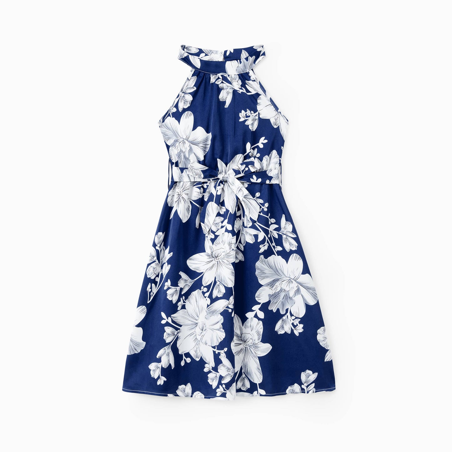 Blue Floral Satin Midi Dress