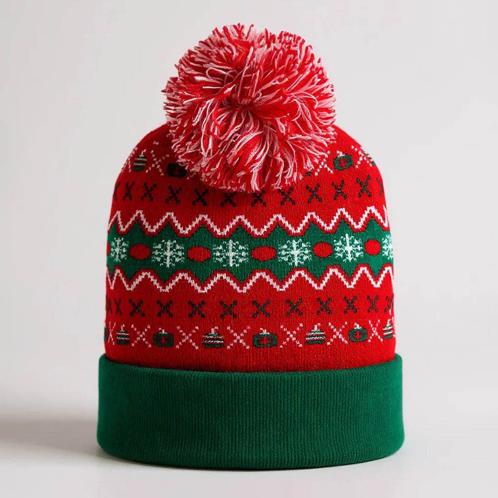Christmas Theme Pattern Pom Pom Winter Beanie Hat