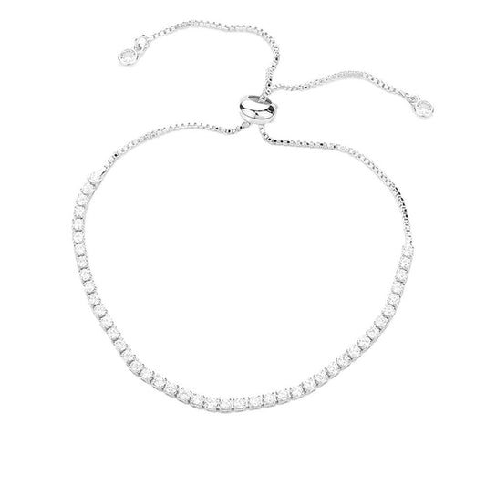 Stainless Steel CZ Stone Tennis Chain Pull Tie Adjustable Bracelet: Silver