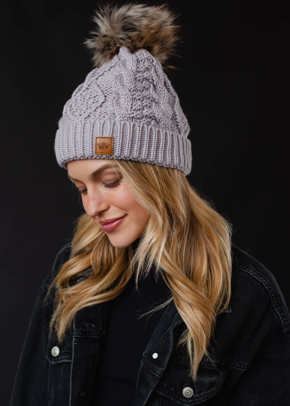 Light Purple Cable Knit Pom Hat