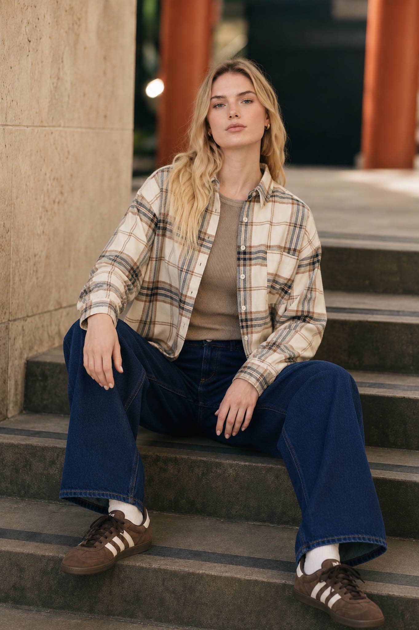 Khaki Plaid Boxy Button Down Oversized Flannel Top