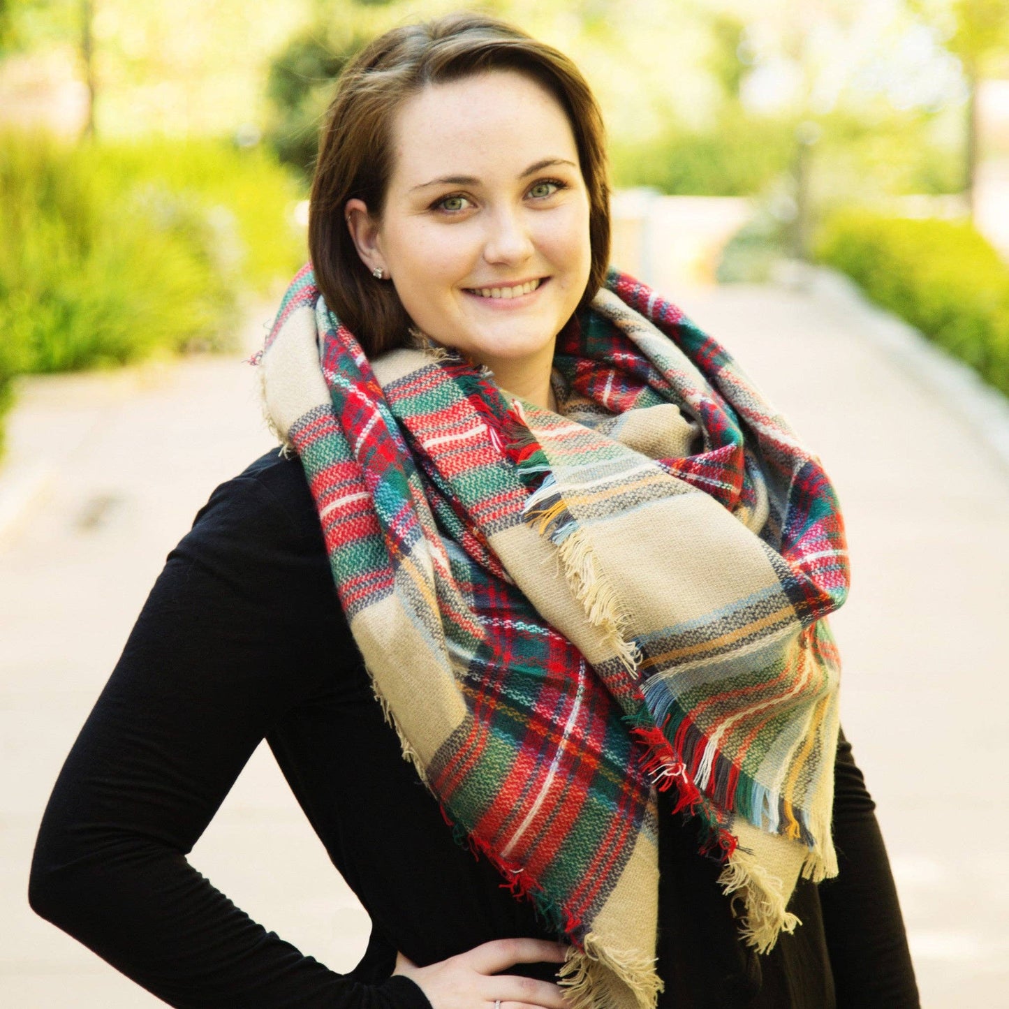 Plaid Blanket Scarf - Tan Green Red: Tan Green Red Plaid