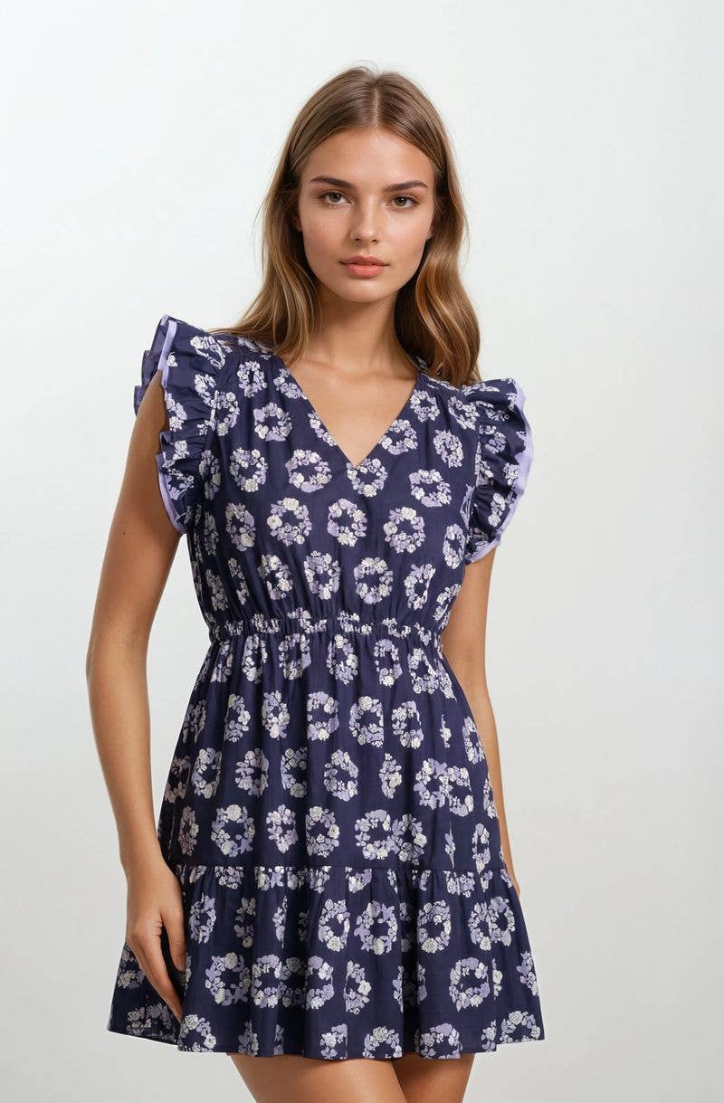 Floral Printed V-Neck Flutter Side Tie Mini Dress