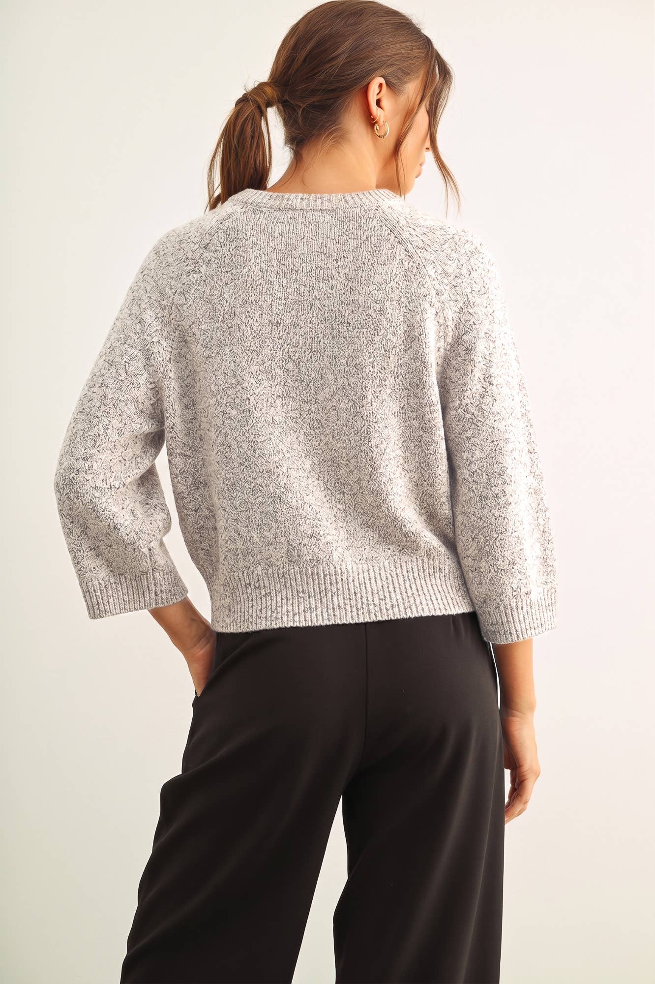 Salt & Pepper Round Neck 3/4 Sleeve Knitted Top