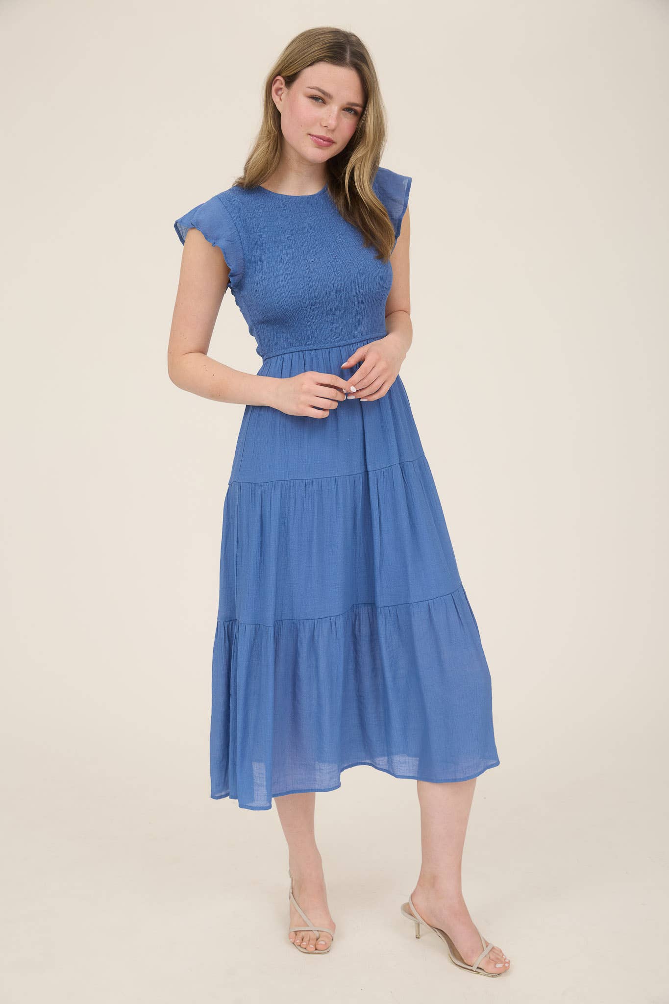 SALE Dusty Blue Smocked Tiered Midi Dress