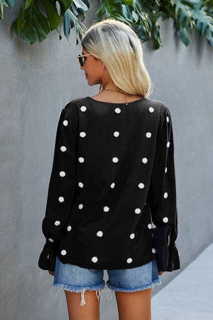 Black Polka Dot V Neck Button Up Blouse